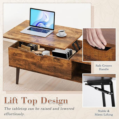 OLIXIS Wooden Coffee Table, Lift Top Coffee Table with Large Hidden Compartment and Ample Storage Shelf, Lift Tabletop Dining Table for Living Room, Home Small Space, Rustic