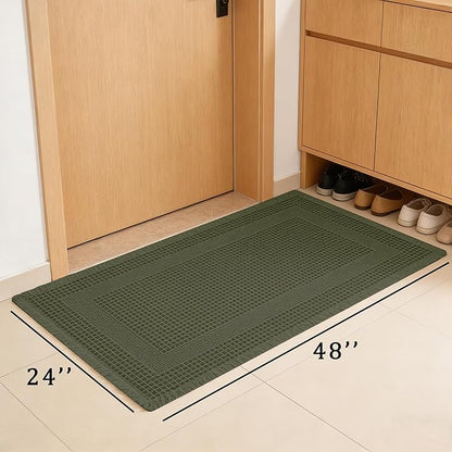 Waffle Bath Mat Non Slip, Boho Runner Rug, Super Absorbent Quick Dry Long Bath Runner Bathroom, Soft Farmhouse Bath Rug with Tassels, Washable Shower Mats for Floor 24"x48", Square Olive Green