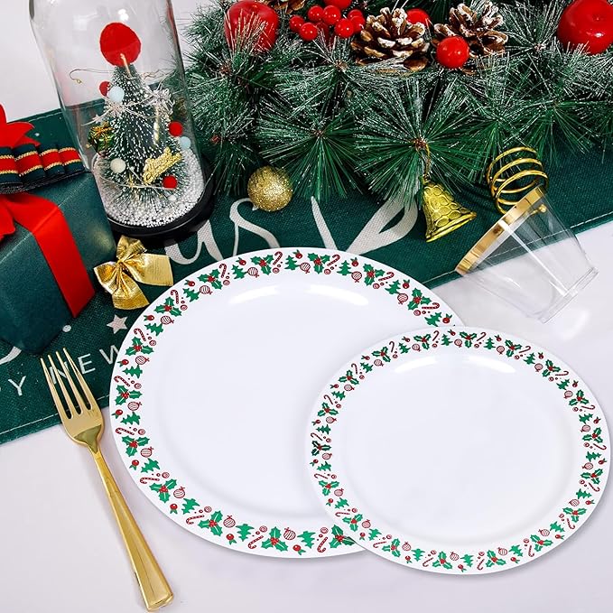175pcs Christmas Party Supplies - 25 Plastic Plates, 25 Gold & Silver Disposable Plastic Silverware, Clear Gold Cups for Christmas