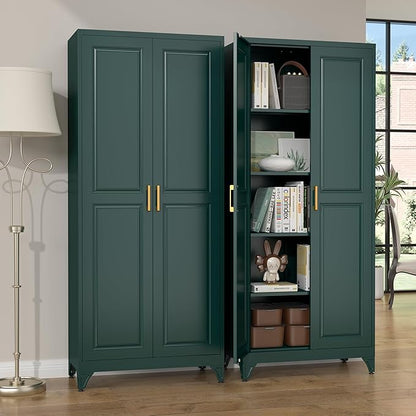 Kitchen Pantry Cabinet,75" Green Metal Storage Cabinets with Doors and 4 Adjustable Shelves,Kitchen Cabinet with 2 Gold Handles,Tall Cabinet for Livingroom,Pantry, Bathroom