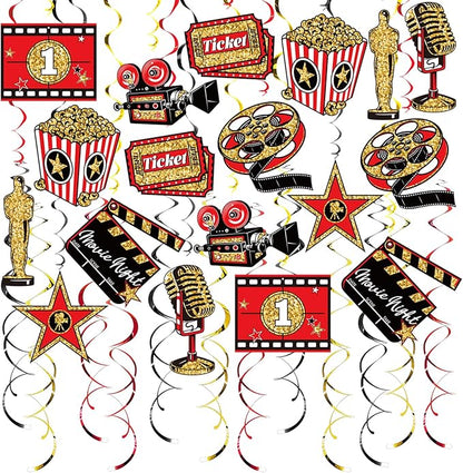 Movie Night Hanging Swirl Set Party Decorations, 48 Pcs, Hollywood Theme with Popcorn Trophy Microphone Film Reel Party Supplies Sign, Red Black Gold