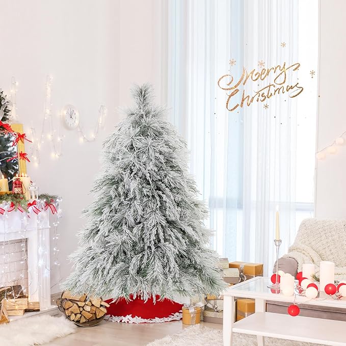 GOFLAME 4.5ft Pre-Lit Christmas Tree Snow Flocked, Hinged Artificial Xmas Tree with 279 Branch Tips, 150 Warm White LED Lights, Willow Leaves, Holiday Decoration Tree for Home Office Party