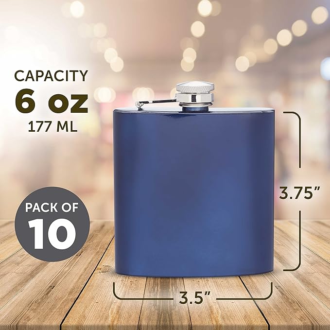 Murano Stainless Steel Hip Flasks 6 oz. Set of 10, Bulk Pack - Screw on Cap, Great for Wedding Party Gifts, Groomsmen Gifts, Outdoor Activities - Blue