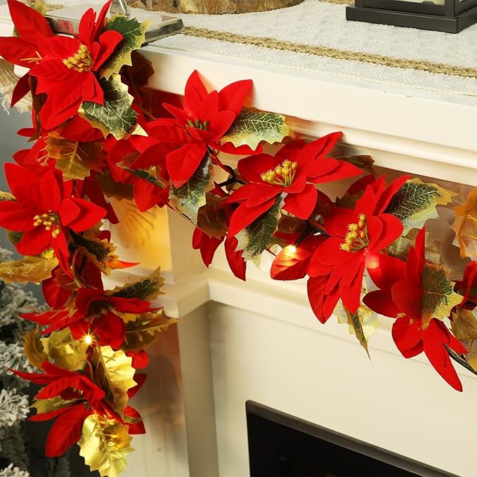 Glintoper Christmas Poinsettia Garland, 9 FT Lighted Artificial Garlands with Red Flowers, Battery Operated with Timer Poinsettia String Lights, Light up for Xmas New Year Holiday Home Decor