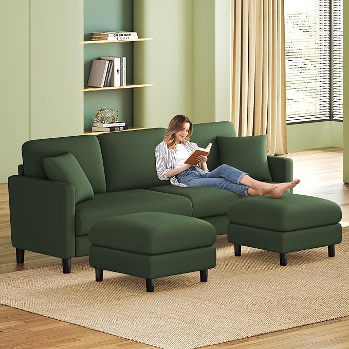 83" Couches for Living Room, Comfy Sofas for Living Room with Storage Ottomans, Teddy Sofa Couch, Tool-Free Loveseat Sofa, All-Wood Love Seat Couches, U Shaped Couch 2 Pillow Included, Green