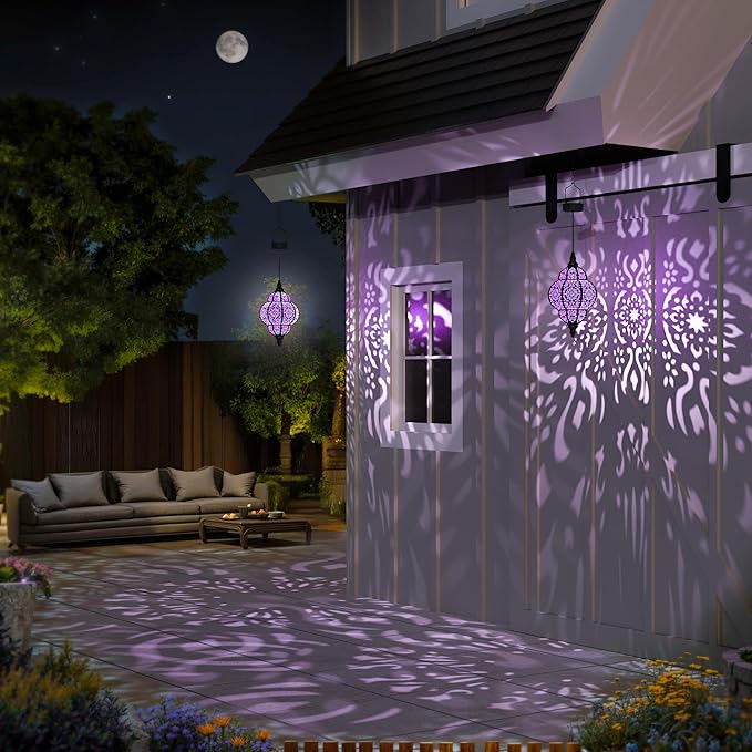 Hanging Solar Lights Outdoor Garden Decor Solar Lantern Waterproof Plastic Moroccan Outdoor Decorations for Patio Pathway Yard Backyard Garden Decorative (1, Purple)