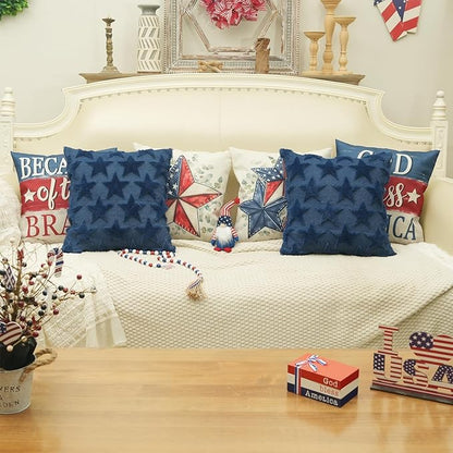 GEEORY 4TH of July Stars Soft Plush Pillow Covers, 20 x 20 Inch Set of 2, Fluffy Faux Fur Wool Decorative Farmhouse Cushion Case for Sofa Home Decoration Blue GC017-20