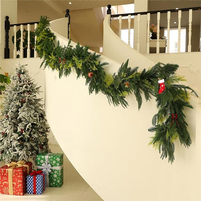 Norfolk Pine Garland Artificial Real Touch Green Thick Cedar Cypress Spruce 9FT Greenery Christmas Decor for Mantle Fireplace Wall Table Railings Indoor Outdoor Xmas Decorations