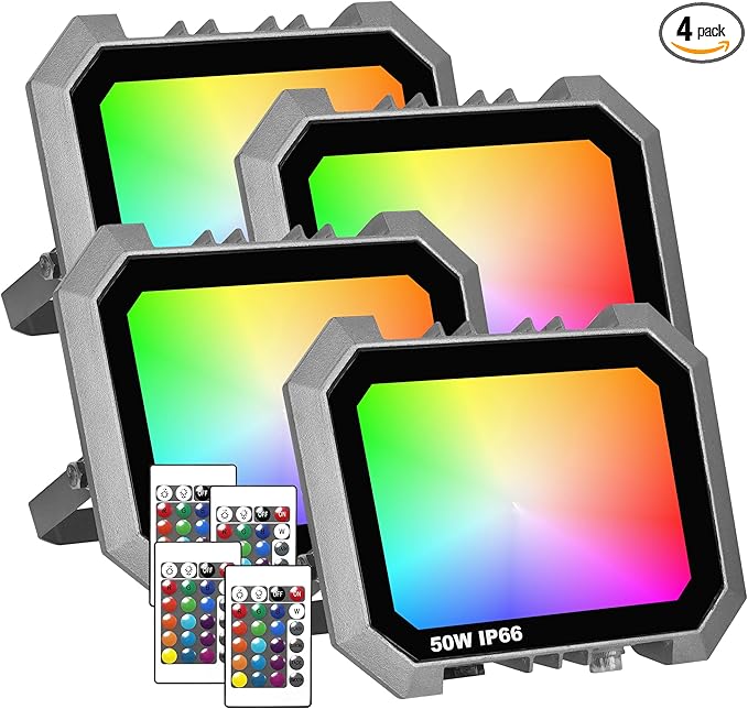 4 Pack RGB LED Flood Light 50W, 500W Equivalent 5000 LM Outdoor Landscape Flood Lights with 4 Remote, IP66 Waterproof Outdoor Light for Christmas Party Stage Uplight Wall Wash