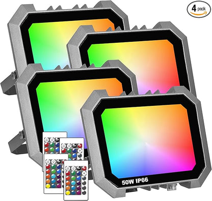 4 Pack RGB LED Flood Light 50W, 500W Equivalent 5000 LM Outdoor Landscape Flood Lights with 4 Remote, IP66 Waterproof Outdoor Light for Christmas Party Stage Uplight Wall Wash