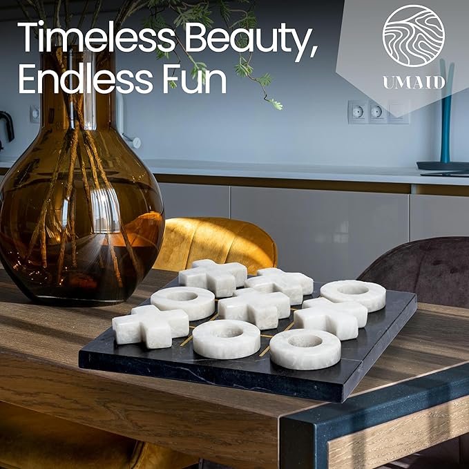 UMAID Luxury Marble Tic Tac Toe Game, Handcrafted 10" Onyx Board in Velvet Box, Solid Marble Set, Each Piece is Unique, Elegant Coffee Table or Office Decor, Unique Gift for Men, Women, Game Lovers