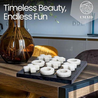UMAID Luxury Marble Tic Tac Toe Game, Handcrafted 10" Onyx Board in Velvet Box, Solid Marble Set, Each Piece is Unique, Elegant Coffee Table or Office Decor, Unique Gift for Men, Women, Game Lovers