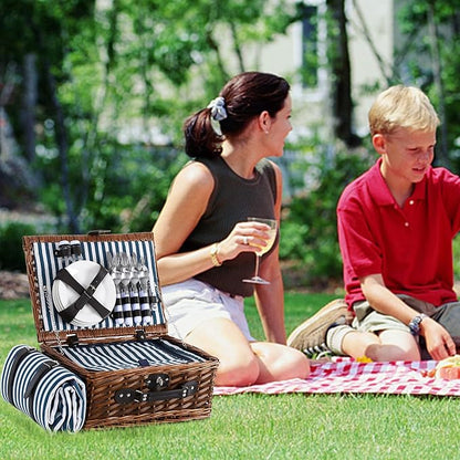 Picnic Basket for 4 with Waterproof Picnic Blanket and Insulated Cooler, Wicker Picnic Set, Willow Hamper for Camping, Outdoors, Photoshoot, or a Birthday, Mother's Day, Wedding Gift, Blue