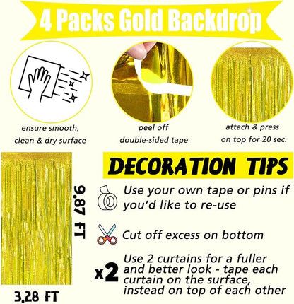 4 Pack Gold Fringe Curtain Backdrop, 3.2Ft x 8.2Ft Sparkle Metallic Tinsel Foil Fringe Streamers Background for Photo Booth Birthday Wedding Baby Shower Party Thanksgiving Christmas Decorations
