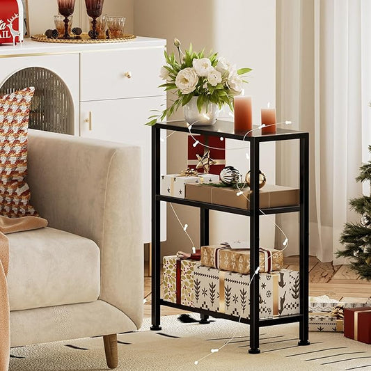 Narrow Side Table for Small Space, 2-Tier Small End Table with Shelf Holder, Slim Nightstand, Skinny Snack Couch Table in Living Room, Bedroom, Study, Kitchen and Balcony (Black)