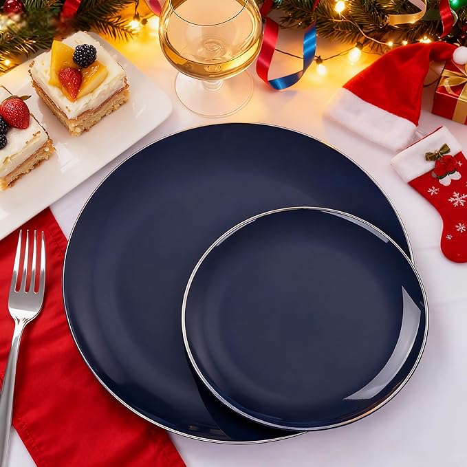 KIRE 200PCS Blue Plastic Plates with Silver Rim - Navy Blue Plastic Plates Include 100 Dinner & Dessert Plate - Heavy Duty Dark Blue Disposable Plate for Hanukkah/Parties/Wedding