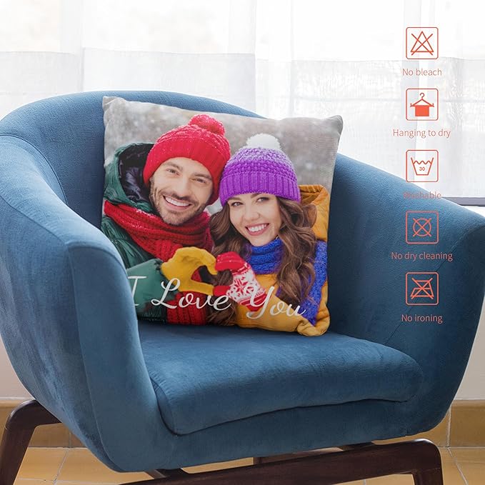 Easycosy Custom Pillow with Picture & Text, Two-Sides Velvet Customized Photo Pillowcase, 16"x16" Personalized Pillowcover with Photo, Custom Christmas Decor Love Gifts (Optional Pillow Insert)