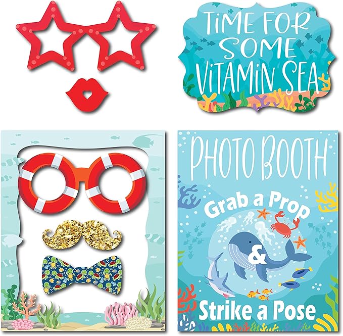 Under The Sea Photo Booth Props - 41-pc Photobooth Kit with 8 x 10-Inch Sign, 60 Adhesive Pads, 45 Sticks - Under The Sea Decorations - Under The Sea Party Decorations
