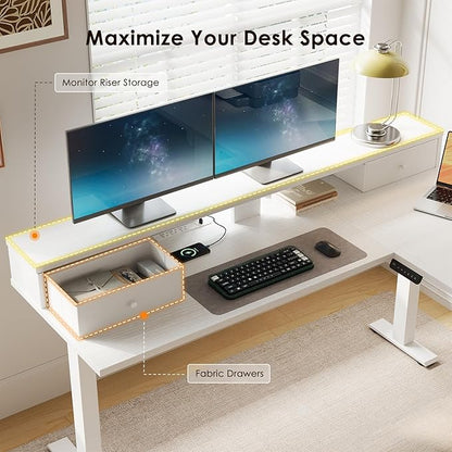 Casaottima 59 Inch Electric L-Shaped Standing Desk with Drawers, Height Adjustable Stand Up Corner Desk with Monitor Stand, Lift Table for Home, Office, Workstation, White
