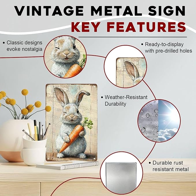 Charming Easter Bunny Metal Sign Vintage Bunny Carrots Rustic Farmhouse Wall Art For Spring Home Decor Living Room Bedroom Kitchen 8x12Inch