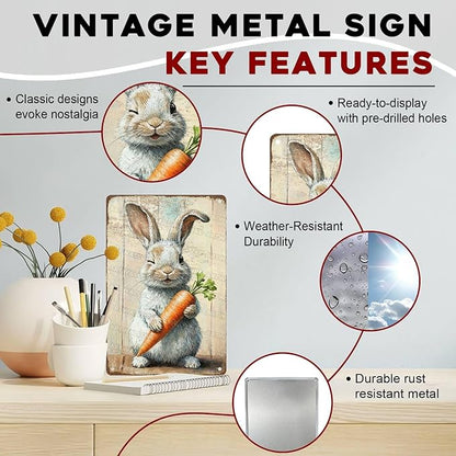 Charming Easter Bunny Metal Sign Vintage Bunny Carrots Rustic Farmhouse Wall Art For Spring Home Decor Living Room Bedroom Kitchen 8x12Inch