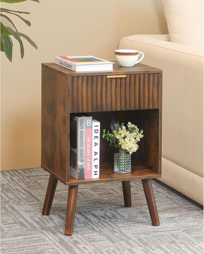 Mid Century Modern Nightstand, Wood Bedside Table with Drawer and Opening Storage, End Table Living Room Fluted Night Stand with Solid Wood Legs for Bedroom (Rustic Brown)