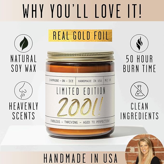 24th Birthday Gifts for Women - 'Limited Edition 2001' Soy Candle, w/Champagne on Ice I 24 Birthday Gifts for Women I 24th Gift for Her Ideas I 9oz Reusable Jar, 50Hr Burn, Made in USA
