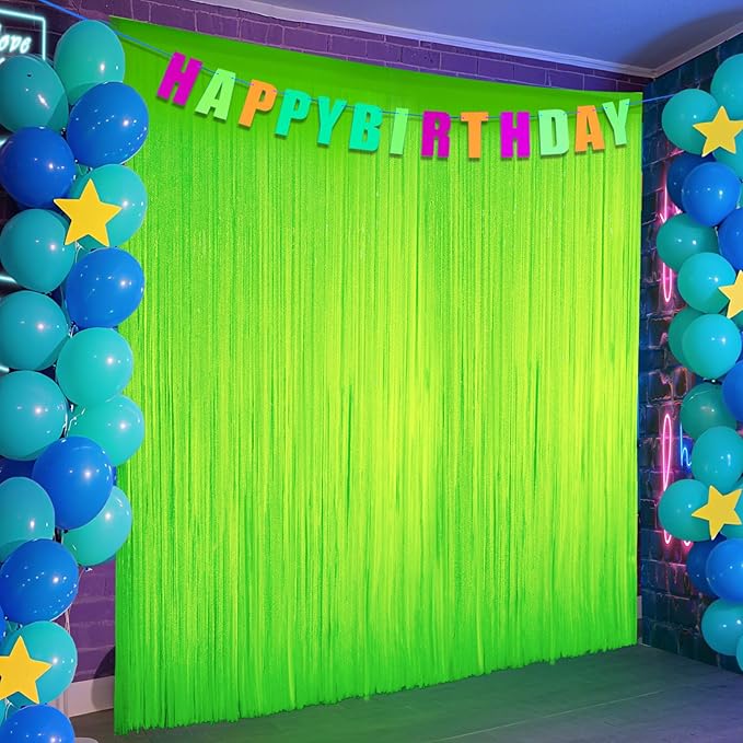 Glow in The Dark Party Supplies, 2 Pack Neon Party Decorations 6.6 x 6.6 ft Fluorescent Macaron Green Tinsel Foil Fringe Curtains, Photo Booth Prop Backdrop UV Blacklight Luminous Streamer