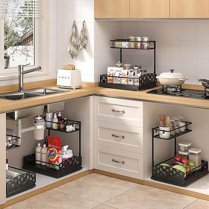 3 Pack Under Sink Organizers, 2-Tier Multi-Use Kitchen and Bathroom Organizers and Storage with Sliding Drawers, Bathroom Cabinet Organizer (Metal, 2 Pack)