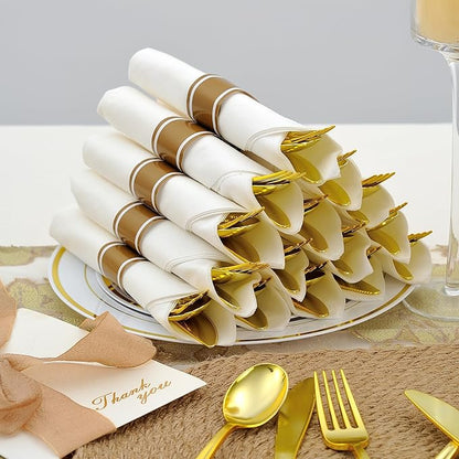 Noemie 100 Pack Pre Rolled Gold Hard Plastic Silverware Set,Wrapped Disposable Cutlery Set for Wedding Birthday Party with 100 Forks,Spoons,Knives,Napkins,Heavy Duty Utensils Flatware Set