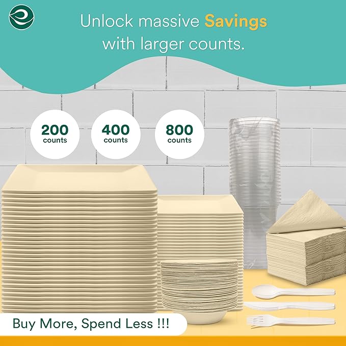 ECO SOUL 400 Pcs Compostable Dinnerware Set For 50 Guests, 50 Pcs Each Of Eco-Friendly White Disposable Paper Plates Of 10"" & 6"", Cutlery, Napkins, 16 oz Bowls & 16 oz Cups Set For Party & Picnic