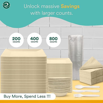 ECO SOUL 400 Pcs Compostable Dinnerware Set For 50 Guests, 50 Pcs Each Of Eco-Friendly White Disposable Paper Plates Of 10"" & 6"", Cutlery, Napkins, 16 oz Bowls & 16 oz Cups Set For Party & Picnic