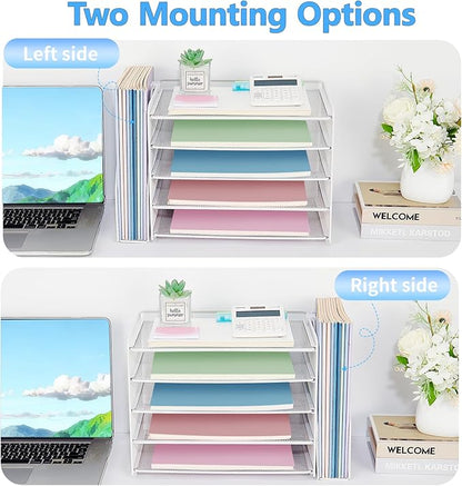 OPNICE 5-Tier Paper Organizer with Magazine Holder, Desk Organizers and Accessories, Office Desk Accessories & Workspace Organizers, Desktop File Organizer for Office Supplies Storage, White