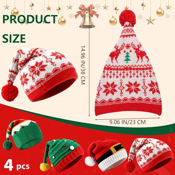 8PCS Christmas Knitted Hat and Santa Scarf Set, Elf Hat Crochet Christmas Scarf, Xmas Party Hats with Pompom, Knitted Caps for Adult Teens XAMS Photo Booth Props XAMS Gift Xmas Costume Accessories