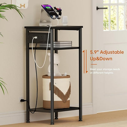 Tall Nightstand with Charging Station, 3 Tier Narrow Tall End Table with Storage, Slim Side Table with USB Ports and Outlets for Bedroom, Living Room, Office, Black
