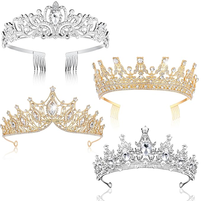 Kigeli 4 Pack Queen Crowns for Women Pageant Crown with Combs Princess Rhinestones Tiara Headband Prom Tiara for Quinceanera Birthday Cosplay Wedding(Gold and Silver)