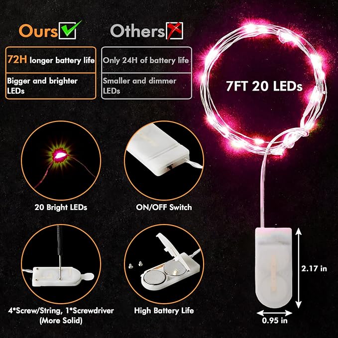 12 Pack Fairy Lights Battery Operated String Light，7FT 20LED Waterproof Silver Wire Christmas Lights Outdoor,Firefly Mini Light for Bedroom Party Birthday Wedding Indoor Decorations Home Decor