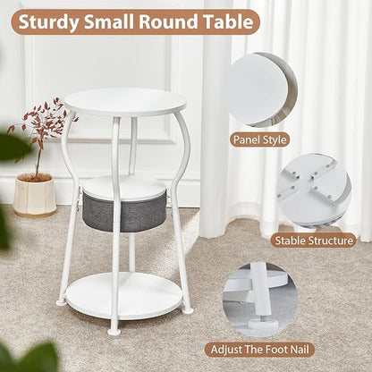 Small Round Side Table with Storage Bag, 3-Tier Accent Round End Table with Four Storage Functions for Living Room, 21.6" H Vintage Smalls Corner Table for Small Spaces Nightstand Bedroom