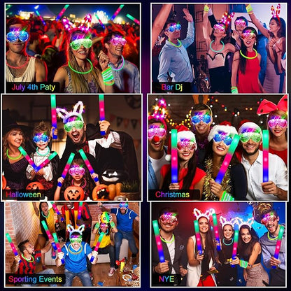 260 PCS Glow in the Dark Party Supplies, New Year Party Favors - 20 Foam Glow Sticks, LED Glasses, Bunny Ear Headbands and 200 Glow Sticks for Kids or Adults