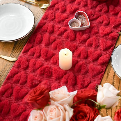 Artoid Mode Red Soft Plush Faux Fur Jacquard Heart Valentine's Day Table Runner, Seasonal Kitchen Dining Table Decoration for Home Party Decor 13x72 Inch