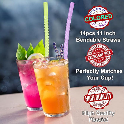 Bendable Straws - 11 inch Long Colored Flexible Straws - Bendy Drinking Straw Reusable - 14 Pack