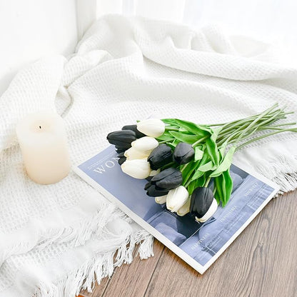ONLY ART Artificial Black and White Tulips 20 Pcs – 13.5 Inch PU Faux Flowers with Bendable Stems for Home Décor, Wedding Centerpieces, DIY Floral Arrangements, Table Decorations