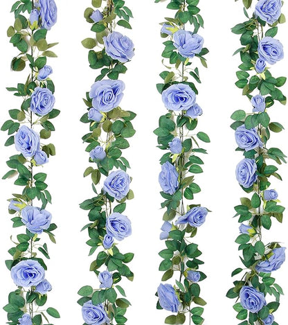 TELDRASSIL 4Pcs(26 FT) Artificial Rose Vine Fake Flower Garland Fake Silk Rose Hanging Vine for Wedding Party Background Arch Garden Background Decoration (Blue)