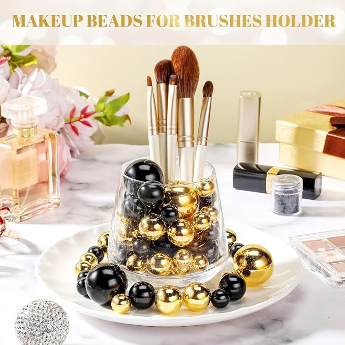 Hicarer 120 Pieces Pearl for Vase Filler Pearl Bead Vase Centerpieces Brush Holder Assorted Round Faux Bead for Crafting, Home Wedding Table Decor 14/20/30 mm(Bright Black, Bright Gold)
