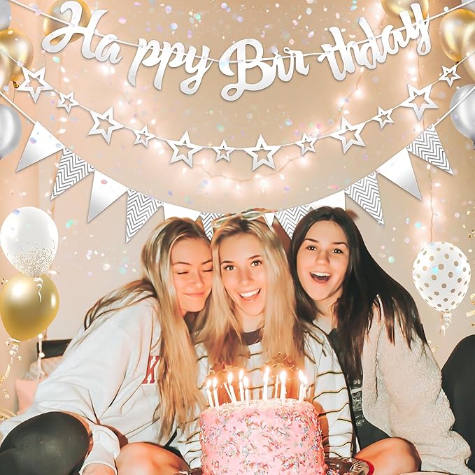CANREVEL 3 PCS Silver Happy Birthday Banners, Hanging Stars Garland and Pennant Banner Flags, Silver Garland for Silver Party Decorations, Birthday Party Supplies for Women Men Girls Boys Adults