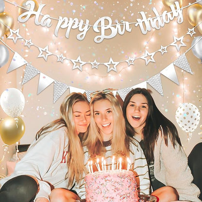 CANREVEL 3 PCS Silver Happy Birthday Banners, Hanging Stars Garland and Pennant Banner Flags, Silver Garland for Silver Party Decorations, Birthday Party Supplies for Women Men Girls Boys Adults