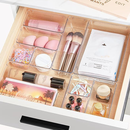 Vtopmart 72 PCS Clear Plastic Drawer Organizers Set, 4-Size Versatile Bathroom and Vanity Organizer Trays, Non-Slip Storage Containers for Makeup, Jewelries, Bedroom，Kitchen Utensils and Office
