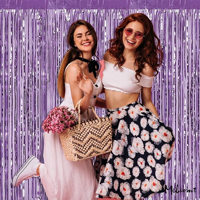 4 Pack Light Purple Fringe Curtain Backdrop, 3.2Ft x 8.2Ft Metallic Tinsel Foil Fringe Streamers Background for Photo Booth Birthday Wedding Baby Shower Carnival Easter Mother’s Day Party Decorations