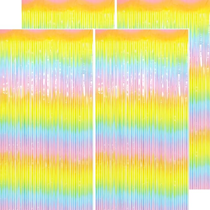 Thicken Pastel Rainbow Streamers 4 Pack 3.2 x 8.2 FT, Pastel Birthday Decrorations Tinsel Backdrop Curtains, Foil Fringe Photo Backdrop for Baby Shower, Easter, Spring Party Decorations