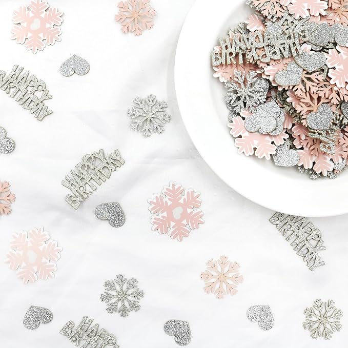 Pink Snowflake Birthday Confetti for Table – 200PC Glitter Heart Snowflakes Table Scatter for Girl Winter Wonderland Birthday Decorations